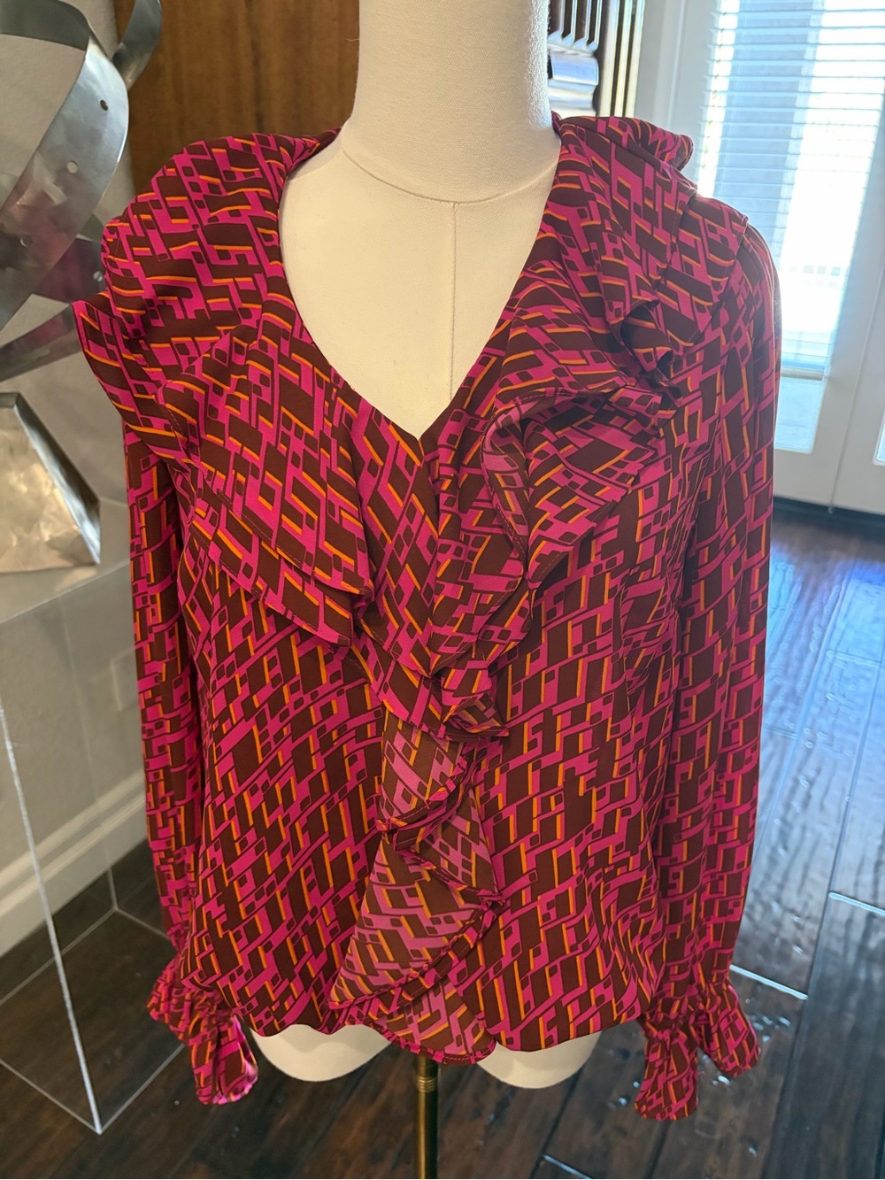 EUC, PM, Ruffled V-Neck Geometric Print Blouse - Pink & Brown